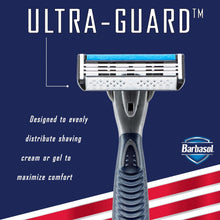 Disposable razor with Ultra-Guard blade cartridge and blue grip handle.