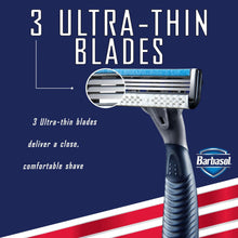 Disposable razor showing three ultra-thin blades and blue textured handle.