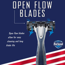 Disposable razor with pivoting three-blade head and blue grip handle.