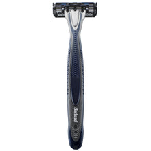 Disposable razor with three-blade head and grip-textured handle, Barbasol logo.