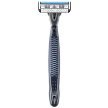 Disposable razor with three-blade head and dark blue textured handle.