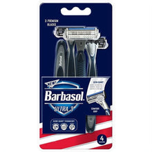 Disposable razor 4-pack blister with blue handle and 3 blades, Barbasol Ultra 3.