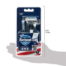 Disposable razor 4-pack blister card with Barbasol Ultra 3 and blue handle.