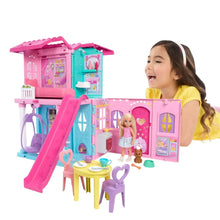 Chelsea pop-up doll house playset with pink and teal rooms, table and slide