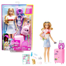 Travel doll set with blonde doll, pink suitcase, and small puppy accessories