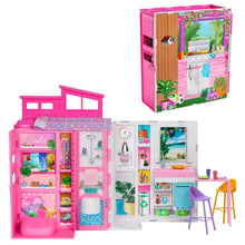 Foldable pink doll house playset with open interior and patio chairs