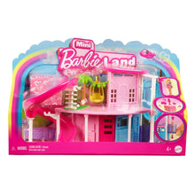 Mini doll house playset with multilevel pink and blue BarbieLand house, rainbow arch