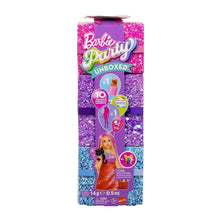 Barbie Party unboxed doll box in purple with glittery confetti pattern and included items icons.
