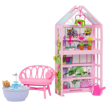 Pink garden playset shelf with three tiers, flower planters, and fountain accessories