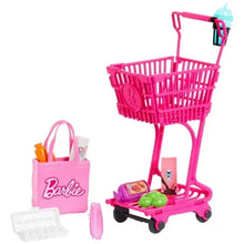Pink Barbie grocery shopping cart with tote bag and accessories