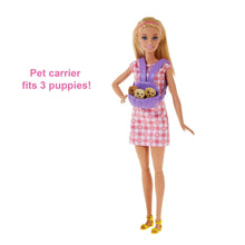 Doll playset figure holding pet carrier, blonde doll in pink gingham dress