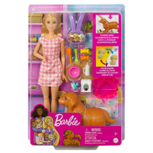 Doll and puppy playset in box, blonde fashion doll, tan pregnant dog, accessories