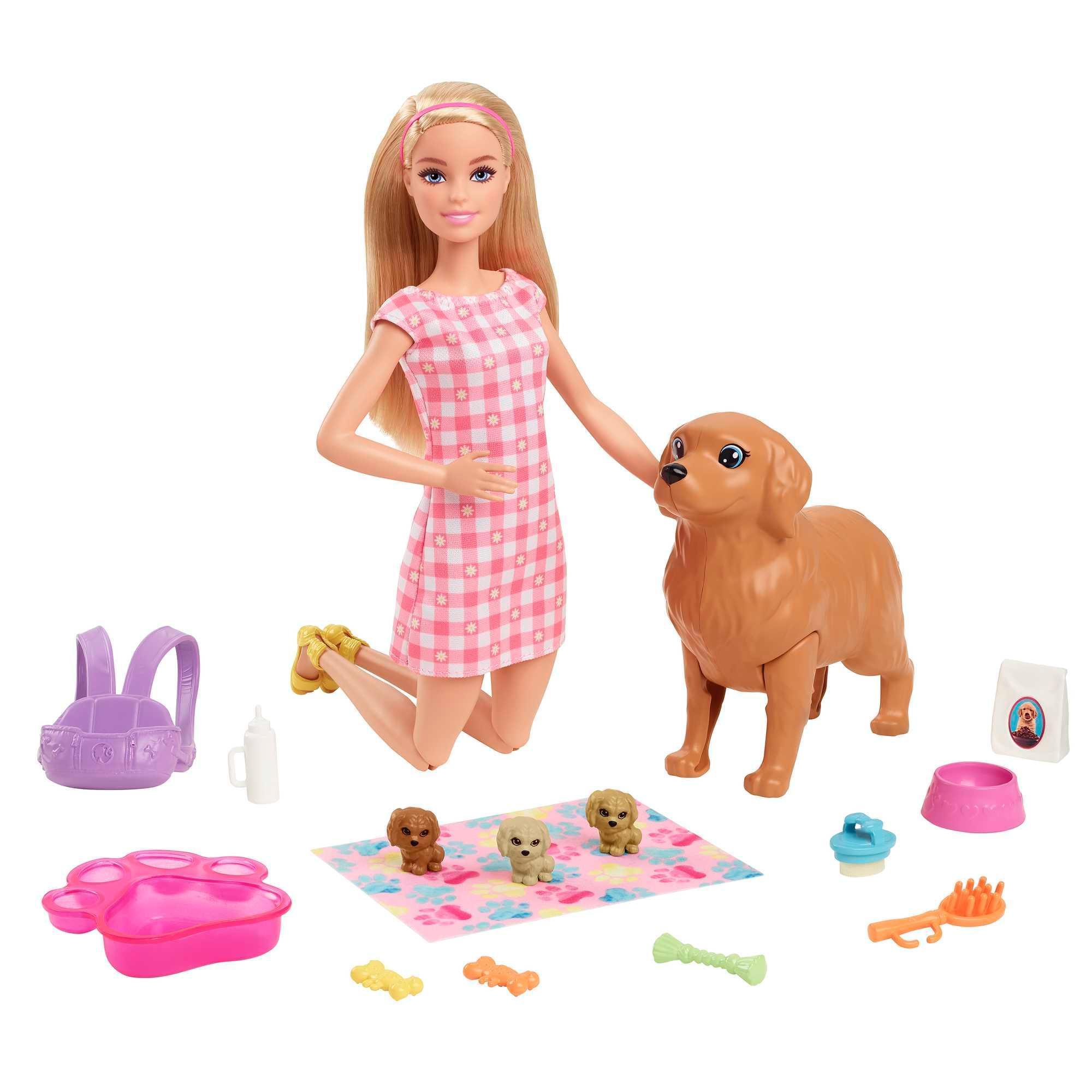 Barbie Doll & Newborn Pets Playset with Pregnant Mom Dog, Color-Change Puppies & Accessories, Blonde