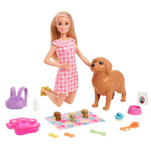Doll playset with blonde doll in pink gingham dress, tan dog and pet accessories