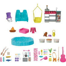 Camper playset accessories set: chairs, hammock, pool ring, grill, and pretend food