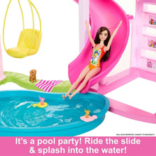 Dollhouse pool and pink slide with seated fashion doll and small pet