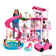 Dollhouse playset with slide, pool, pink car, and mini figure accessories