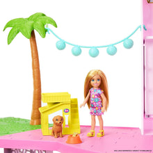 Dollhouse exterior play area with palm tree, doghouse, doll, puppy, and string lights