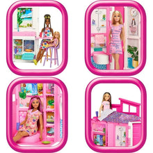 Pink doll house windows with four scene panels showing rooms and included dolls