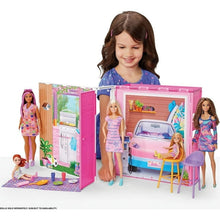 Pink doll house playset with Barbie doll, chair, table, and small accessories