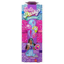 Barbie Party unboxed doll box showing a fashion doll illustration and glittery pink and blue blocks.