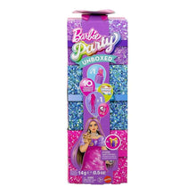 Barbie Party unboxed doll box with glittery blue and pink background and icon details.
