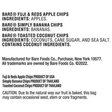 Snack variety pack back label with ingredient list and caution for baked chips