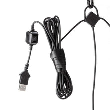 Black string light cord set with bundled wiring and molded hanging connectors.