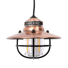 Copper pendant lantern with black guard and hanging cord, Edison filament bulbs