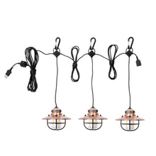 Edison-style pendant string lights set with three lanterns and black wiring