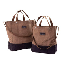 Two-tone canvas tote bag set, taupe upper with dark navy base, top handles