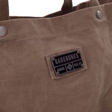 BAREBONES patch logo on taupe canvas tote bag with metal snap details