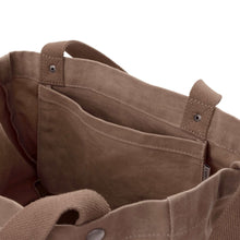 Taupe canvas tote bag with interior pocket and stitched side panels, taupe and navy