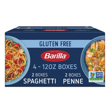 Gluten-free pasta variety pack box showing Barilla branding with spaghetti and penne
