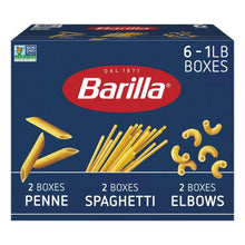 Barilla pasta variety pack box with penne, spaghetti, and elbow pasta varieties