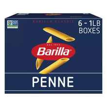 Penne pasta box with Barilla logo and yellow penne illustrations