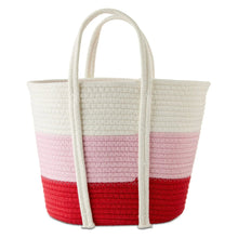 Cotton rope basket with pink and red striped fabric, white rope handles and base.