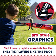 Red and black youth baseball bat in use outdoors with white practice ball
