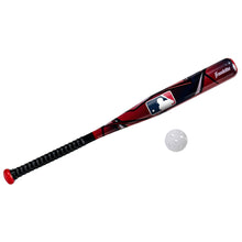 Red and black youth plastic baseball bat with ribbed handle and small white practice ball