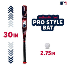 Red and black pro-style youth baseball bat with white practice ball