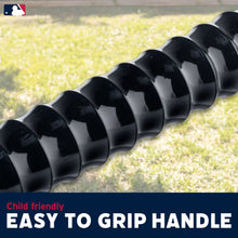 Black ribbed youth baseball bat handle detail with white practice ball