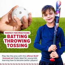 Young child holding a red and black youth baseball bat and white practice ball