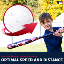Child with a red and black youth baseball bat and white practice ball outdoors