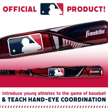 Red and black youth baseball bat with team-style logo graphic, glossy finish