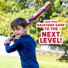 Child swinging a red and black youth baseball bat with white practice ball