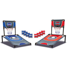 Cornhole shootout game set with two goal frames, nets, and blue/red boards