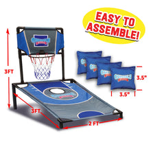 Blue and gray cornhole board with hoop net on black frame, plus blue bean bags