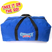 Blue carry bag with black handles and Cornhole Shootout logo
