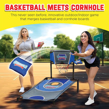Basketball-style cornhole shootout set with blue board, hoop, and bean bags