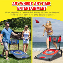 Cornhole shootout set with two framed boards, net hoops, and bean bags